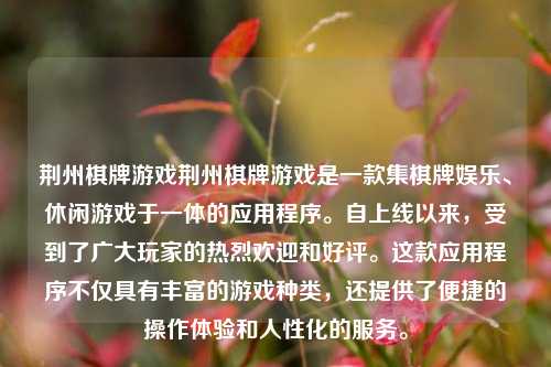 荆州棋牌游戏荆州棋牌游戏是一款集棋牌娱乐、休闲游戏于一体的应用程序。自上线以来，受到了广大玩家的热烈欢迎和好评。这款应用程序不仅具有丰富的游戏种类，还提供了便捷的操作体验和人性化的服务。