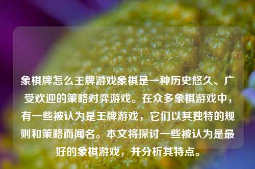 象棋牌怎么王牌游戏象棋是一种历史悠久、广受欢迎的策略对弈游戏。在众多象棋游戏中，有一些被认为是王牌游戏，它们以其独特的规则和策略而闻名。本文将探讨一些被认为是最好的象棋游戏，并分析其特点。