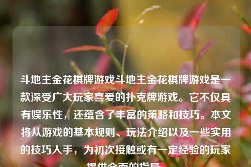 斗地主金花棋牌游戏斗地主金花棋牌游戏是一款深受广大玩家喜爱的扑克牌游戏。它不仅具有娱乐性，还蕴含了丰富的策略和技巧。本文将从游戏的基本规则、玩法介绍以及一些实用的技巧入手，为初次接触或有一定经验的玩家提供全面的指导。