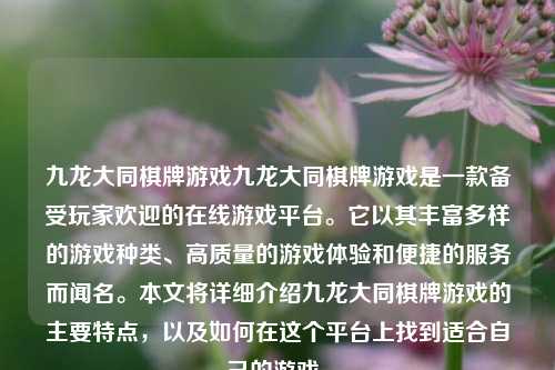 九龙大同棋牌游戏九龙大同棋牌游戏是一款备受玩家欢迎的在线游戏平台。它以其丰富多样的游戏种类、高质量的游戏体验和便捷的服务而闻名。本文将详细介绍九龙大同棋牌游戏的主要特点，以及如何在这个平台上找到适合自己的游戏。