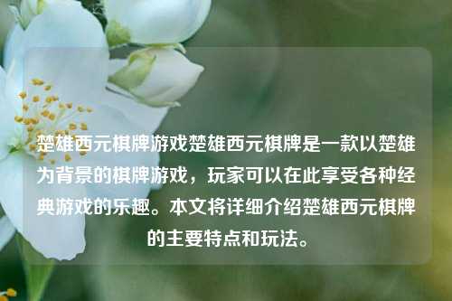 楚雄西元棋牌游戏楚雄西元棋牌是一款以楚雄为背景的棋牌游戏，玩家可以在此享受各种经典游戏的乐趣。本文将详细介绍楚雄西元棋牌的主要特点和玩法。