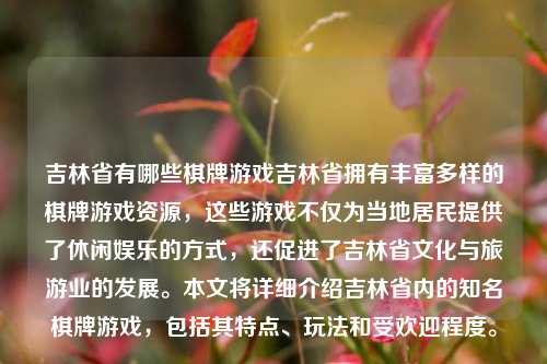 吉林省有哪些棋牌游戏吉林省拥有丰富多样的棋牌游戏资源，这些游戏不仅为当地居民提供了休闲娱乐的方式，还促进了吉林省文化与旅游业的发展。本文将详细介绍吉林省内的知名棋牌游戏，包括其特点、玩法和受欢迎程度。