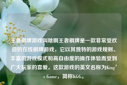 王者棋牌游戏叫啥啊王者棋牌是一款非常受欢迎的在线棋牌游戏，它以其独特的游戏规则、丰富的游戏模式和高自由度的操作体验而受到广大玩家的喜爱。这款游戏的英文名称为King’s Game，简称KGG。